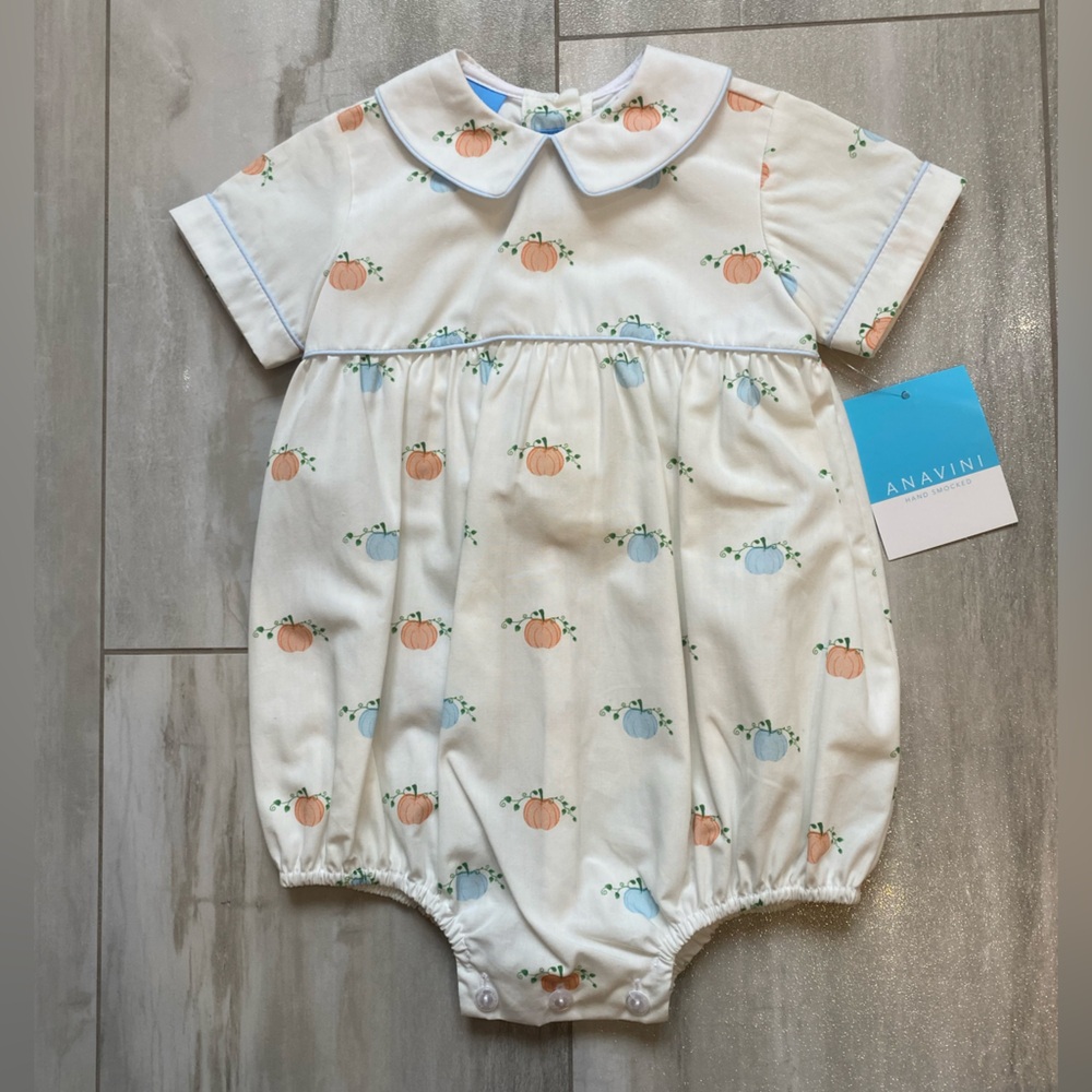 NWT Anavini Cream Cotton Fall Harvest Neutral Pumpkin Bubble Romper baby boys 3M
